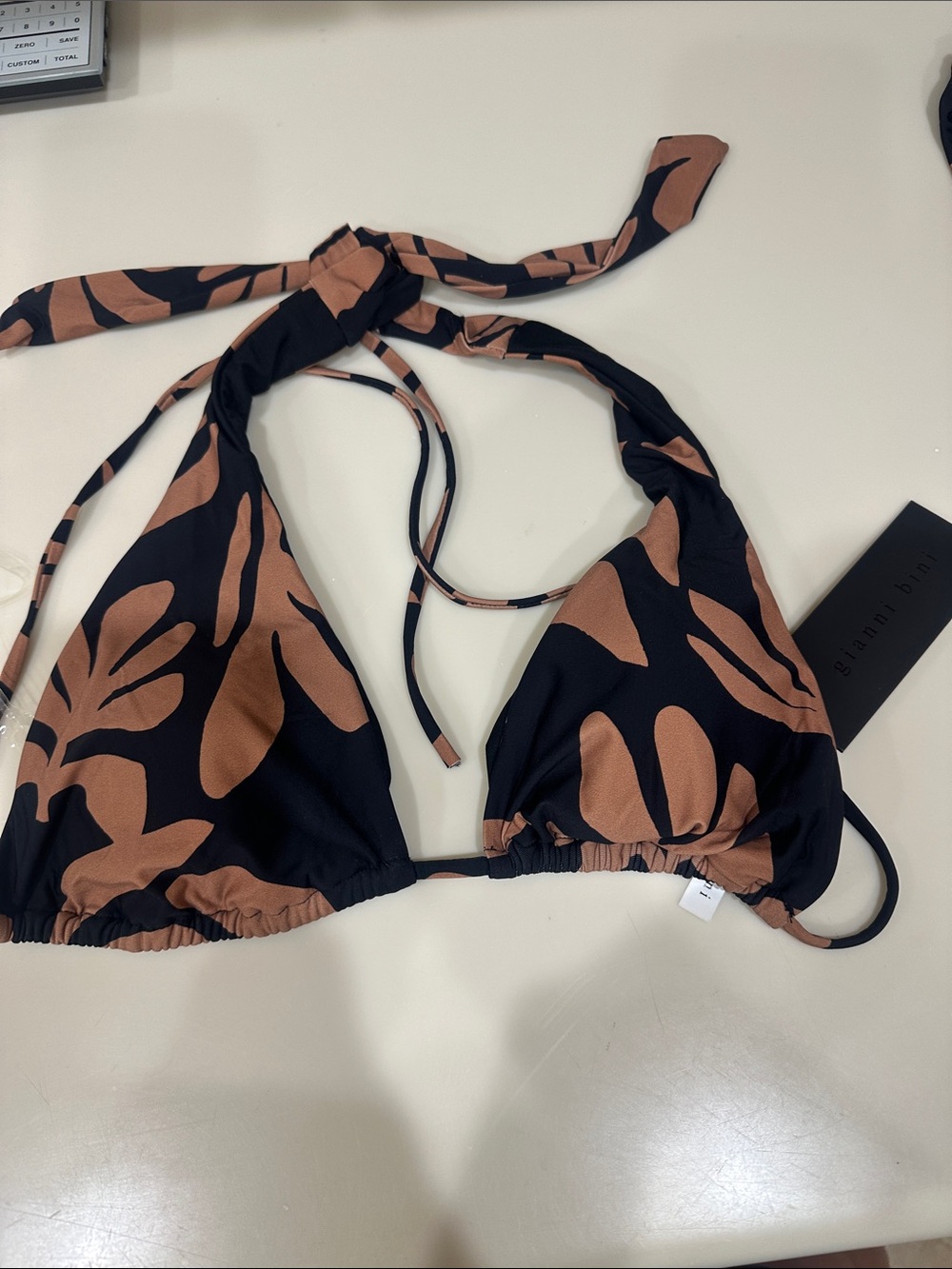 Gianni Bini Black & Brown Leaf-Print Halter Triangle Bikini Top
